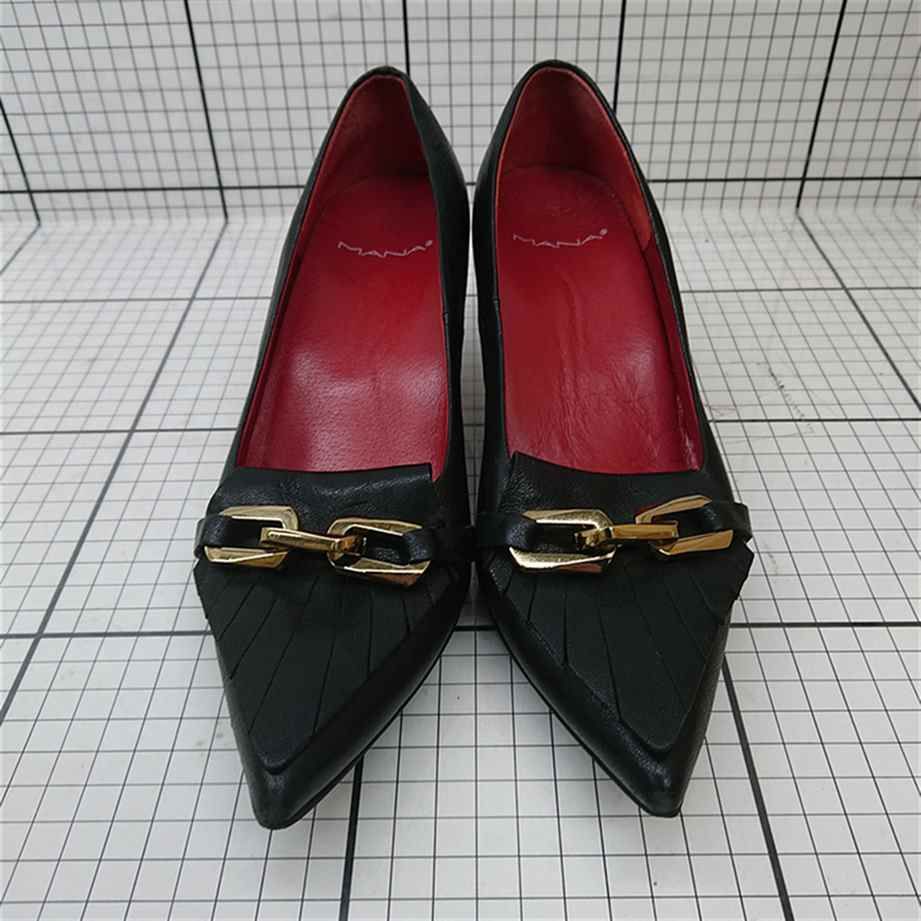 Θ マナ MANA チェーンモチーフ レザー パンプス ブラック系 36 レディース E