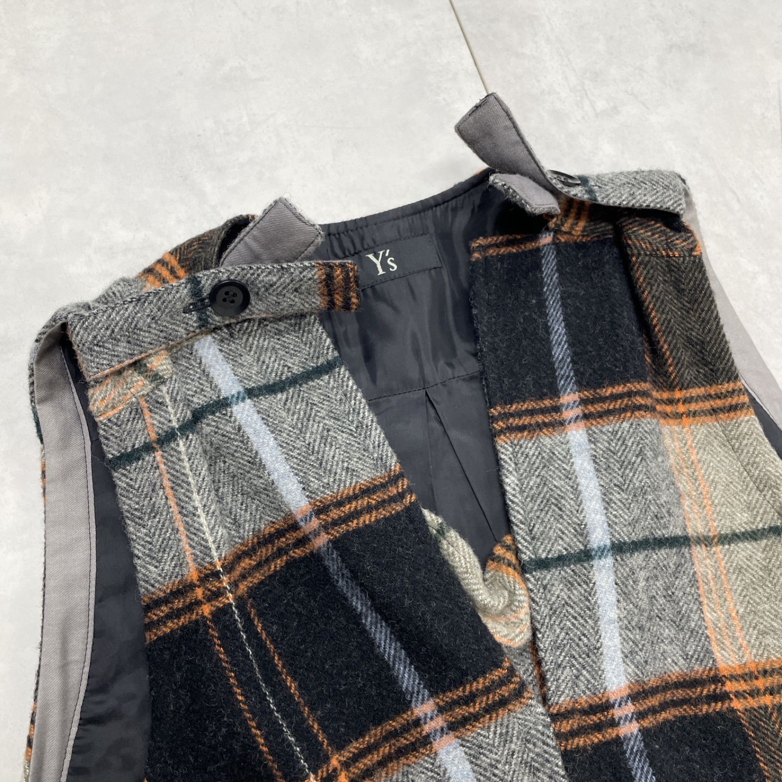 Y's ワイズ ワンピース ロング ノースリーブ チェック柄 ウール