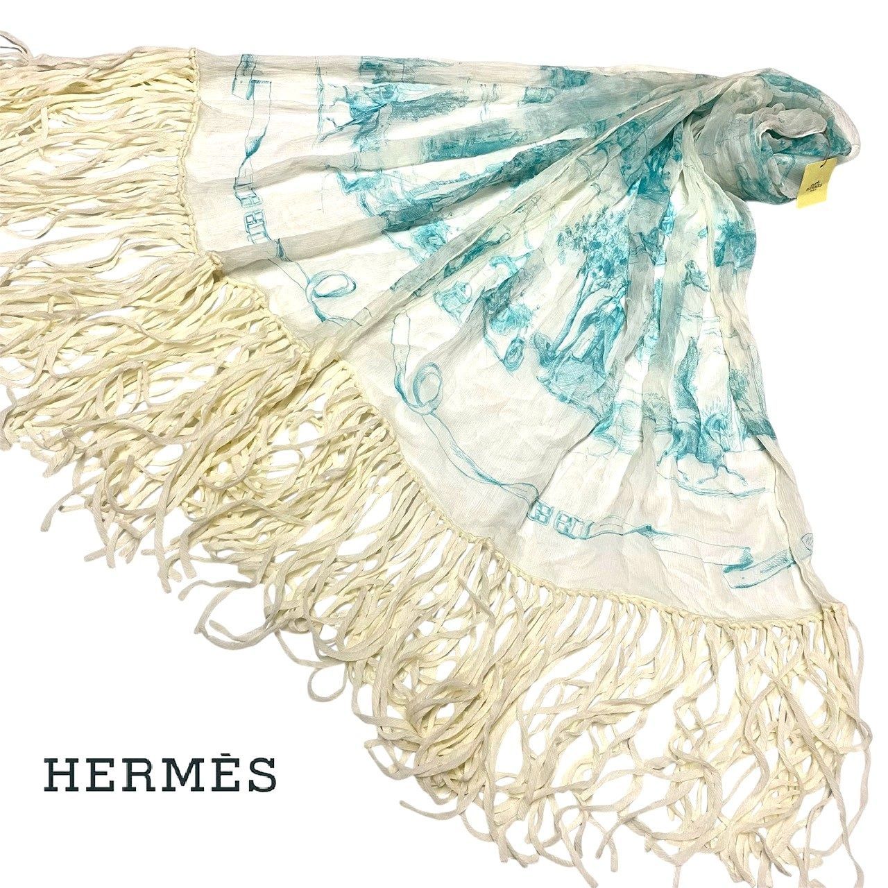 4268 HERMES エルメス フリンジ付きエトール トワール シルク ストール ♥保管品