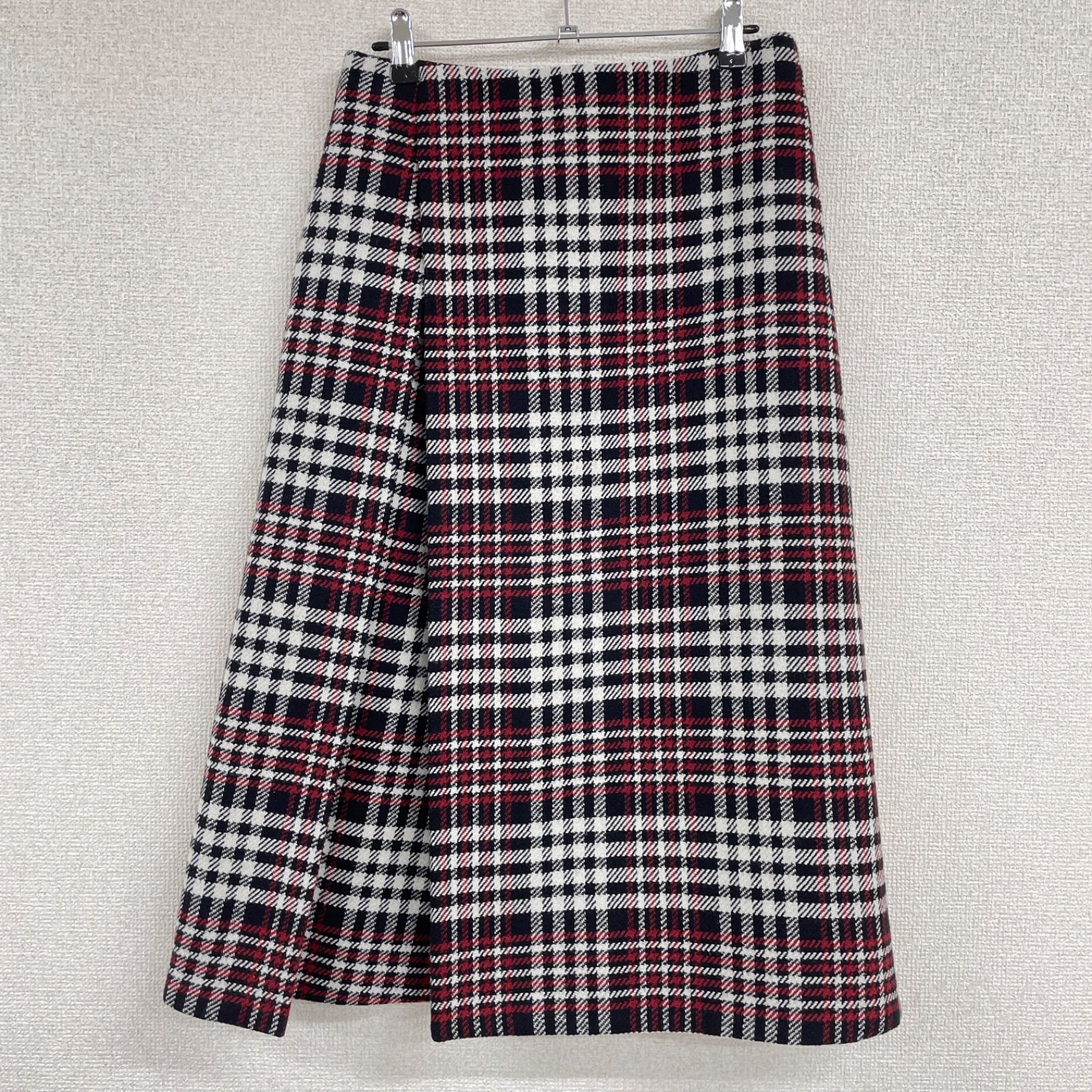 Drawer ドゥロワー ロングスカート プリーツ チェック柄 ウール ナイロン レッド 日本製 レディース 38