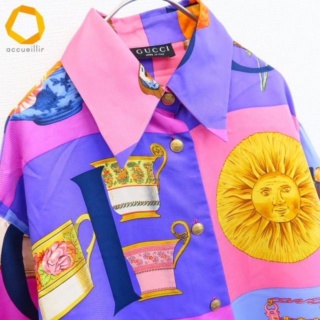 グッチ GUCCI シルク スカーフ柄 シャツ・ブラウス ロゴボタン