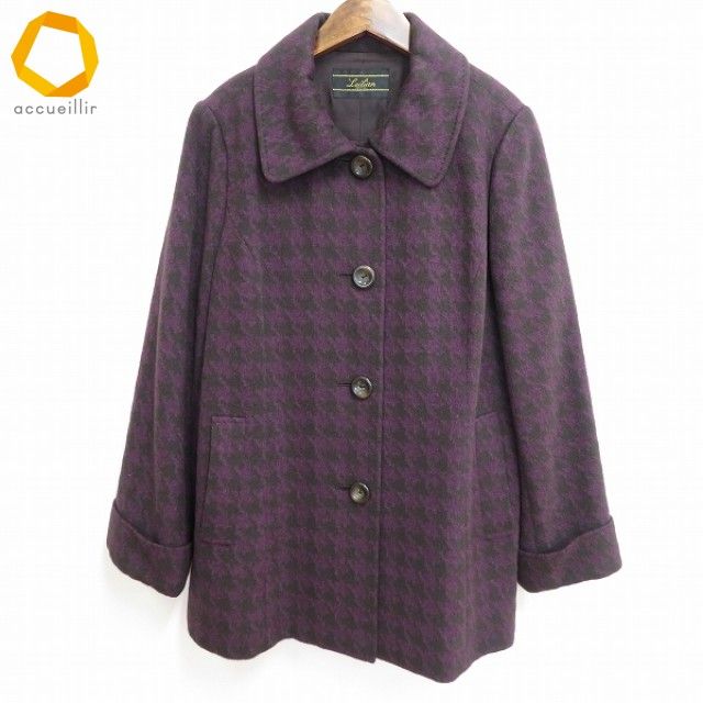 w レリアン Leilian コート 13 紫 こげ茶 千鳥格子柄 ウール混 アンゴラ混 イタリア製生地 大きいサイズ 13号 レディース 952758 k 01