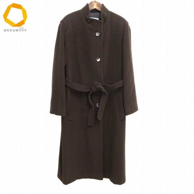 AIGNER 美品 高級ロングコート フード*着脱可能 w アイグナー AIGNER コート I44 こげ茶 ロング ウール混 スタンド