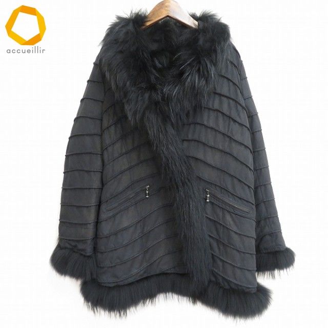 w イタリヤ 伊太利屋 GKITALIYA コート 15号 黒 ラクーン リアルファー