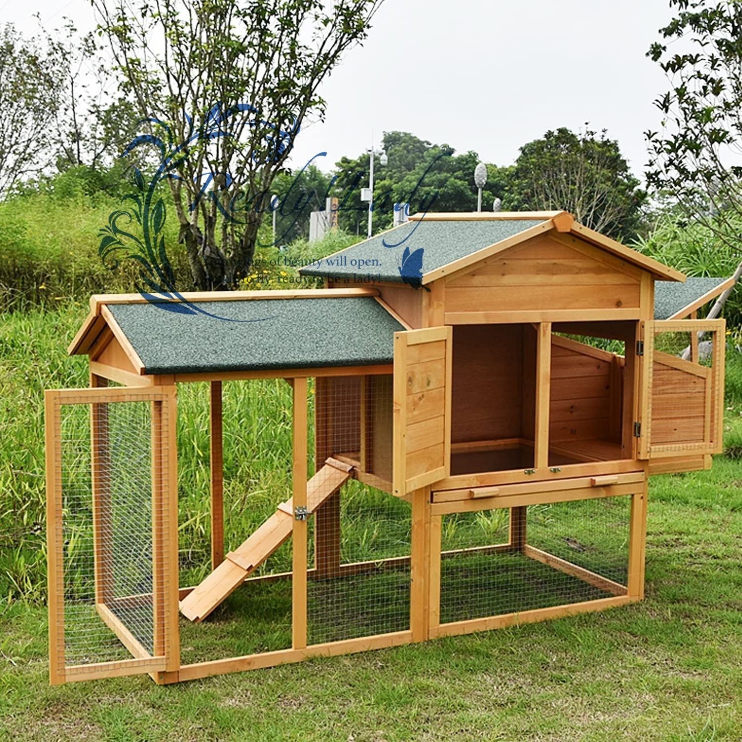 鶏小屋 鶏用ケージ 金網製の戸と窓 アスファルト屋根付き トレイ付き 階段付き 産卵 き 通気性 雨を防ぐ 大空間 木製耐候性鶏舎