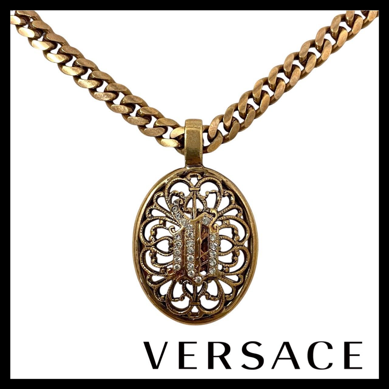 Y【VERSACE】ロゴ ラインストーン ネックレス ゴールド/金カラー