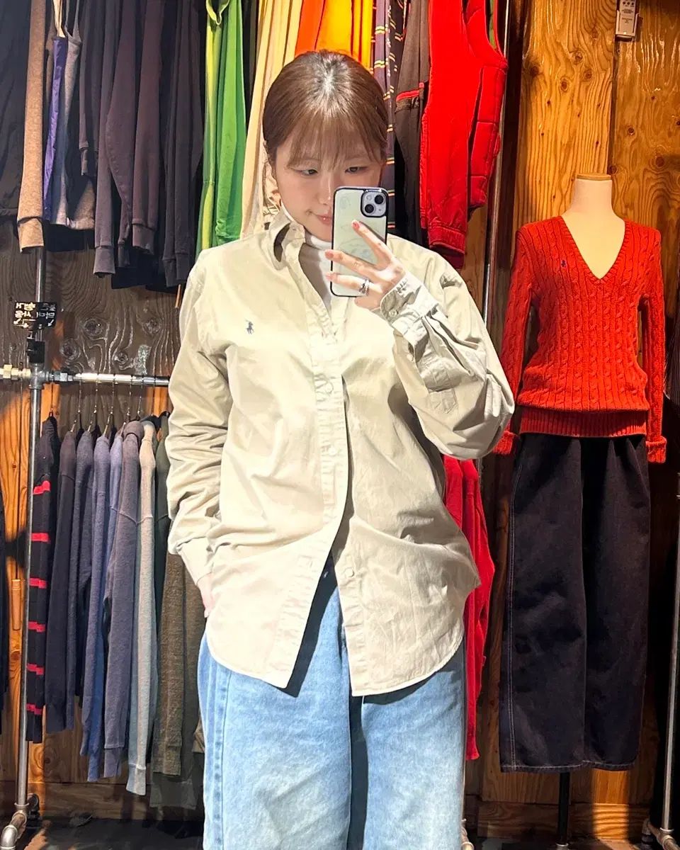 S ポロラルフローレン ネイビー ポニー クラシックフィット ベージュ コットン シャツ