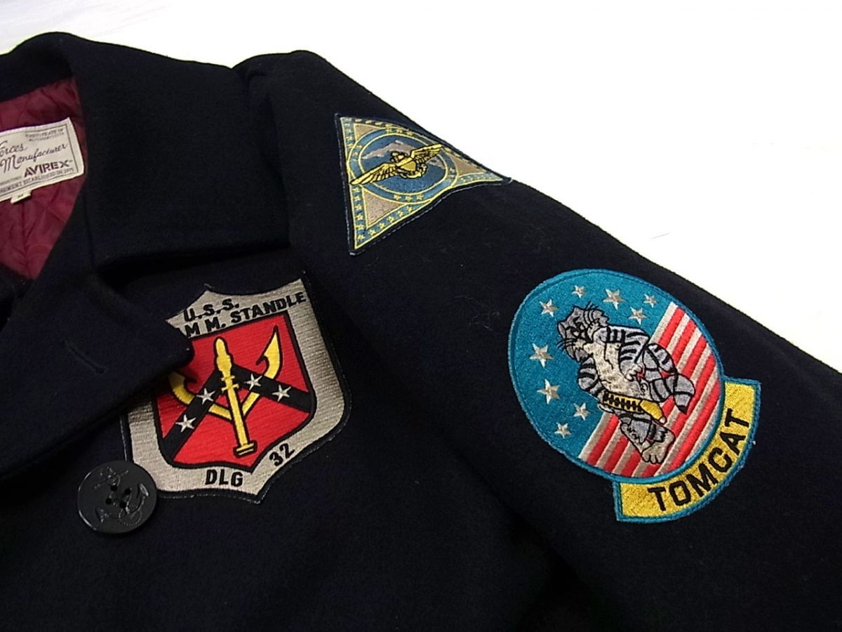 希少✨AVIREX ピーコート 刺繍 ロゴ ワッペン ウール ブラック L 希少✨AVIREX ピーコート 刺繍 ロゴ ワッペン ウール ブラック L メンズ