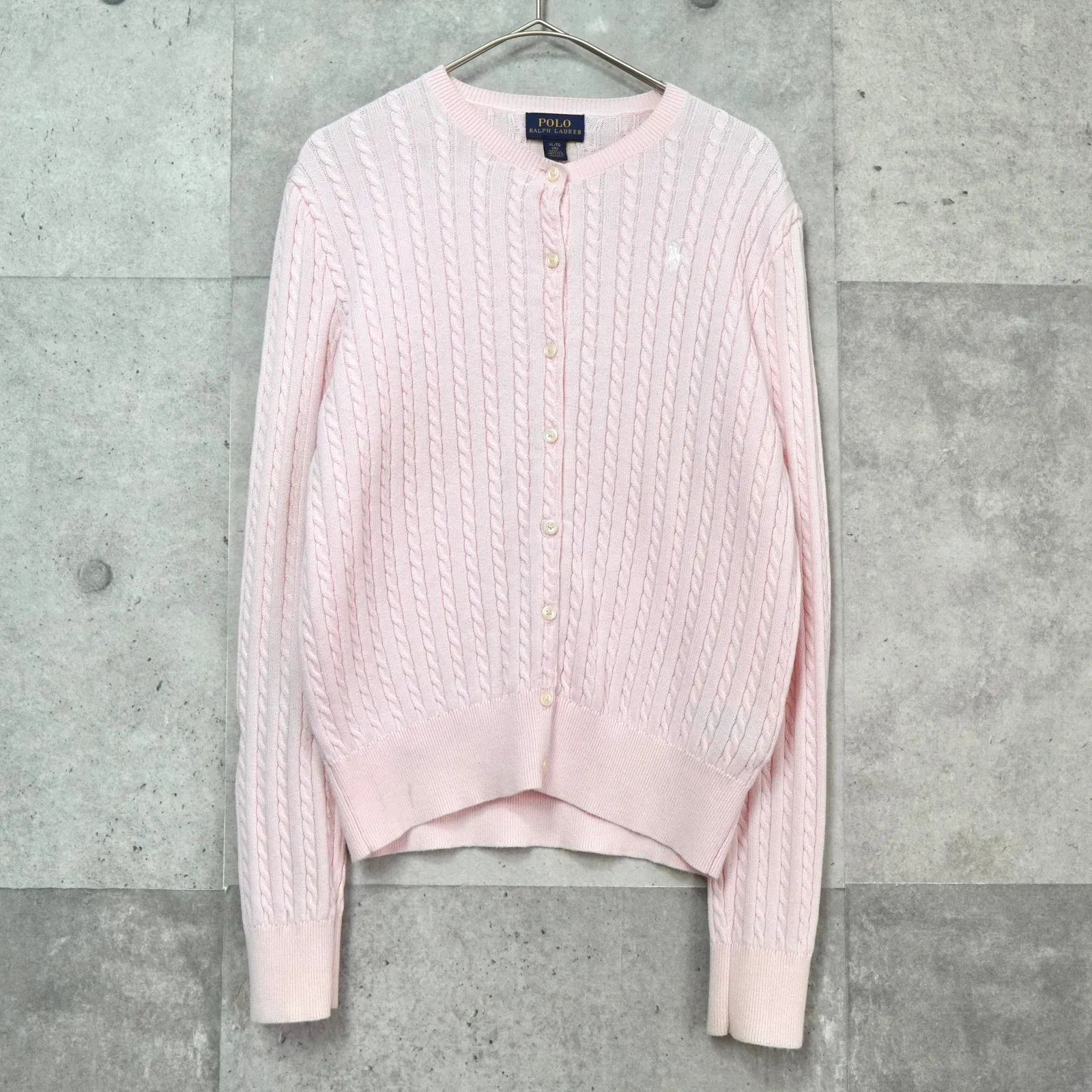 ポロ ラルフローレン スモールポニーロゴ ケーブル編み コットン カーディガン ピンク キッズ