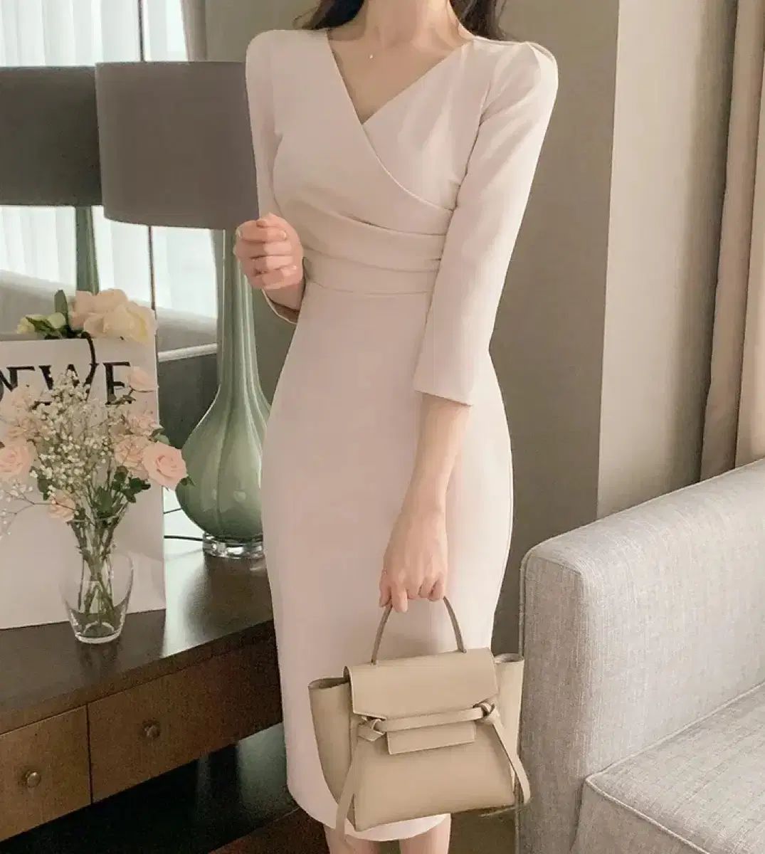 ラップシャーリングスリムフィット ロング丈ワンピース ベージュ ゲストルック 通勤ルック