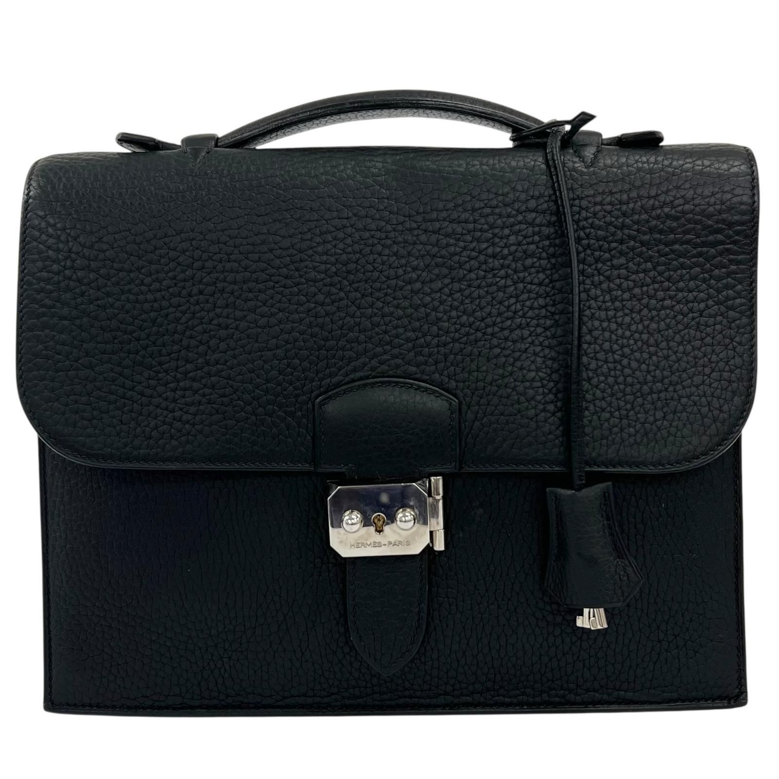 HERMES エルメス サックアデペッシュ27 ハンドバッグ レザー ブラック レディース