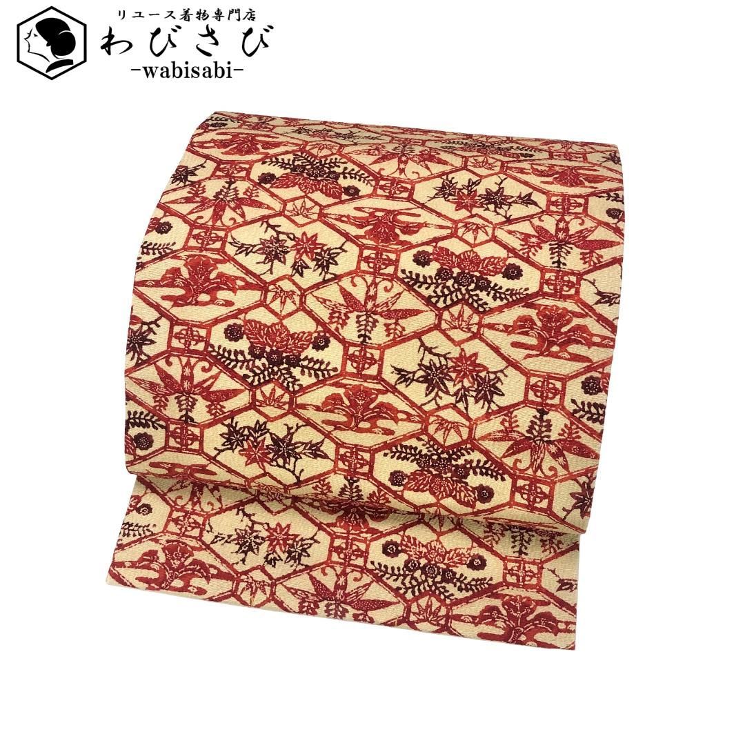 名古屋帯 型染 蜀江文様 花草模様 縮緬 薄卵色 O-5470 - メルカリ