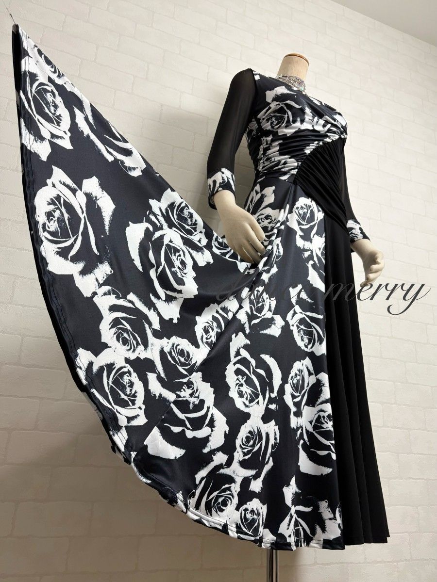 社交ダンス ワンピース 黒 白 ワルツ タンゴ シンプル 1235 衣装 パーティ