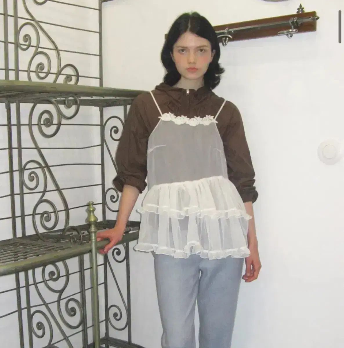 シヌーン ローズ レース シアー レイヤード ドレス 白