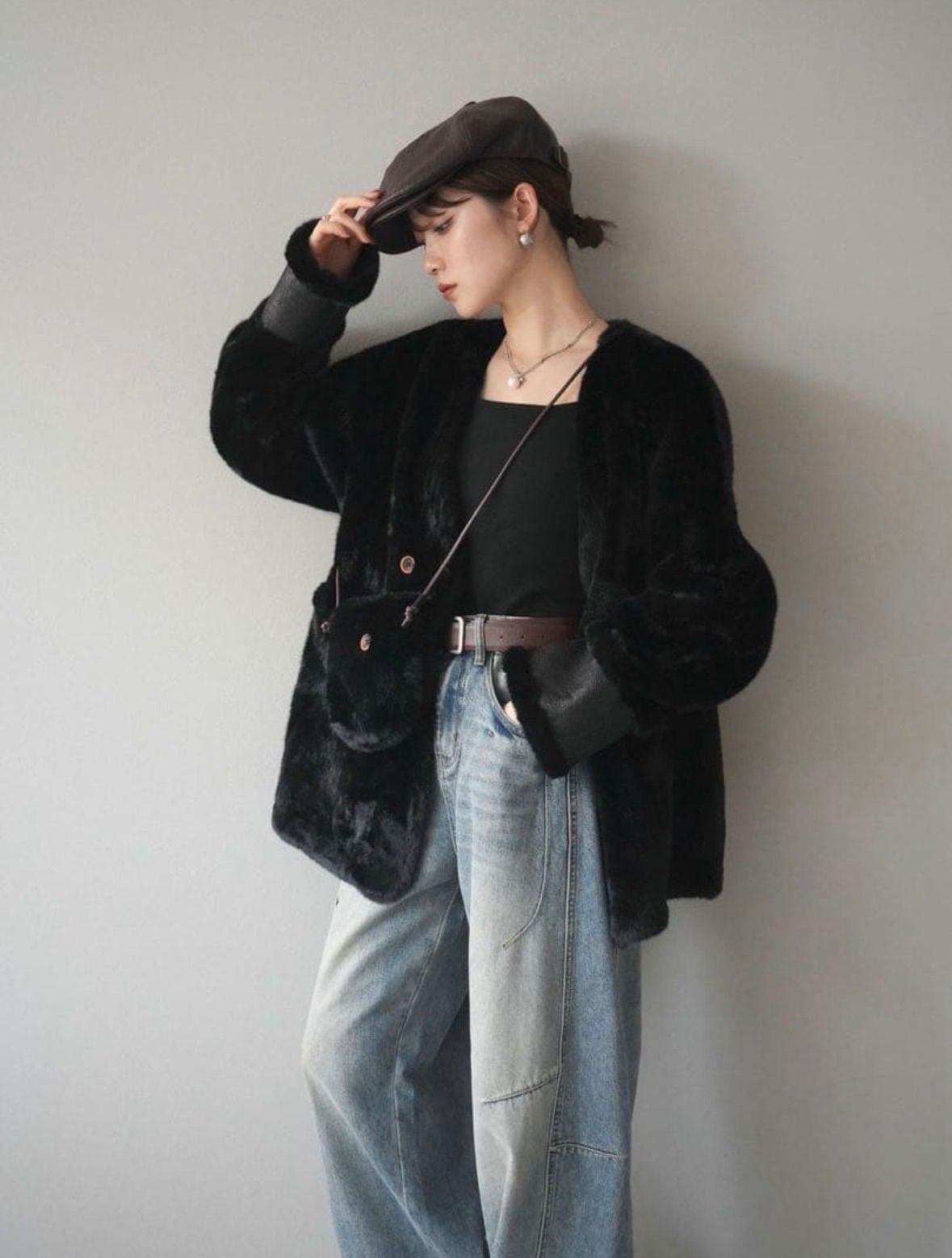 新品】バッグ付エコファーノーカラーコート ブラック ファーコート