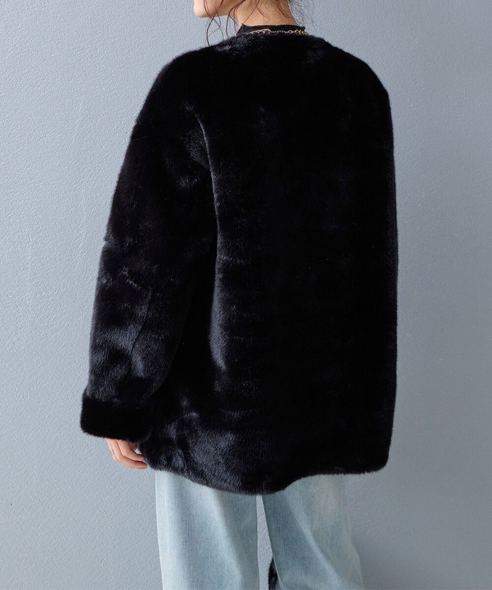 新品】バッグ付エコファーノーカラーコート ブラック ファーコート