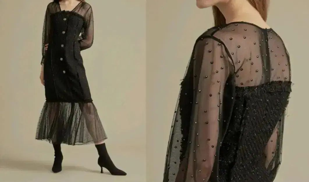  オブジェ シースルー ツイード ONE PIECE イ ハニ 長袖 七分袖 ひざ丈ワンピース