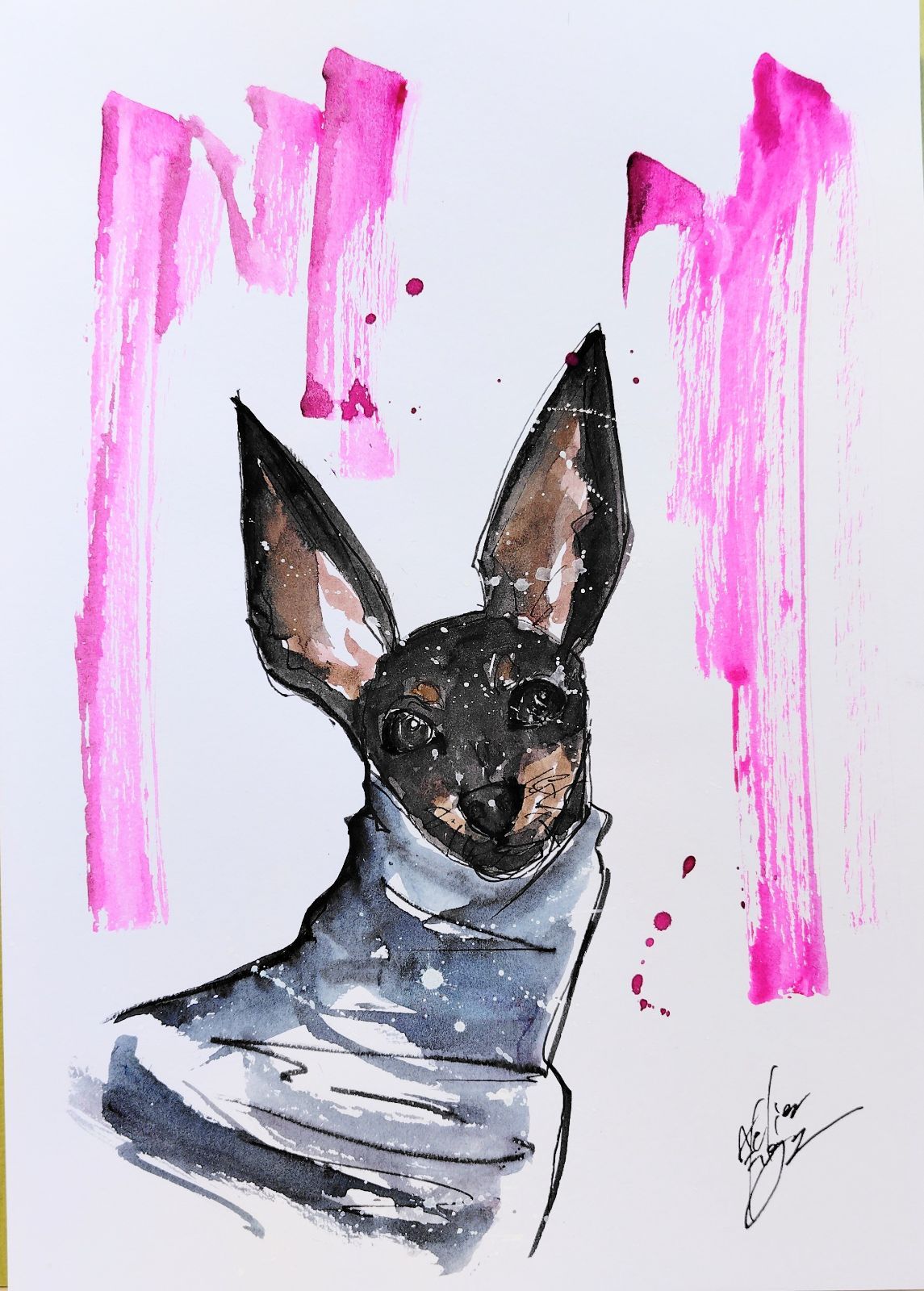 原画#194 ミニピン 犬 水彩画 ドローイング インテリア イラスト