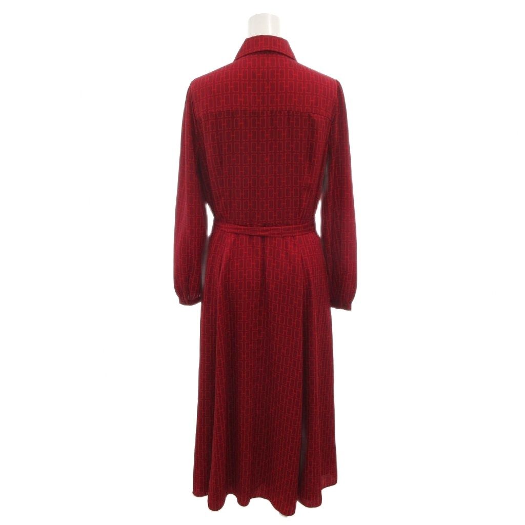 HOBBS ホッブス ワンピース オープンカラー ウエストべルト 総柄 長袖 ロング 38 赤 レッド FF GY 19