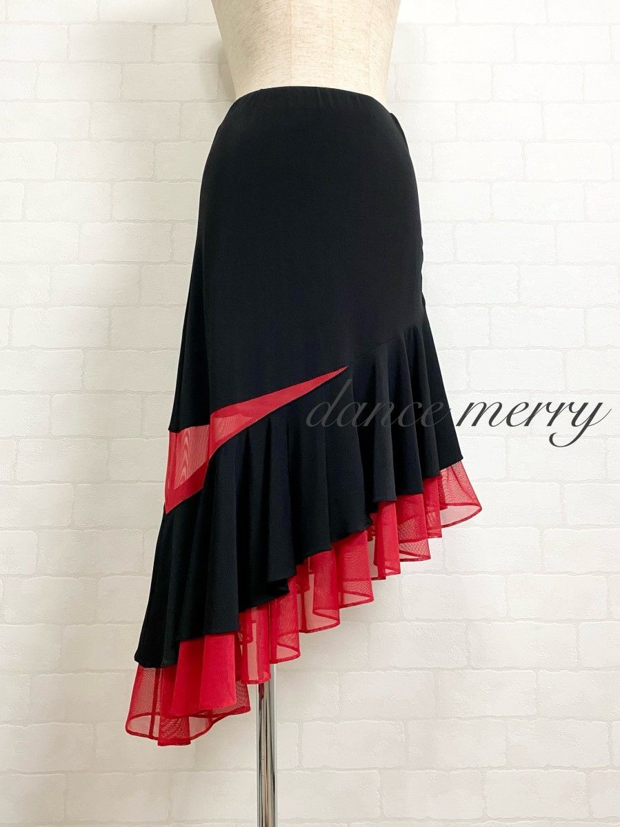 社交ダンス ラテン スカート 赤 黒 ルンバ ジャイブ パーティ 4843