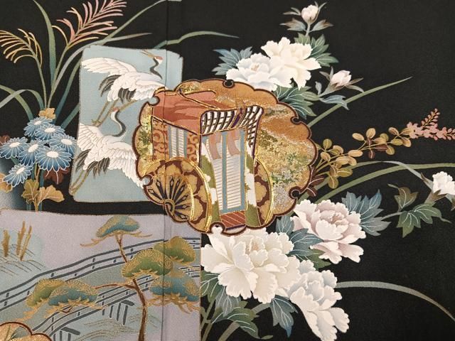 平和屋着物□豪華黒留袖 駒刺繍 雪輪御所車群れ鶴花鳥文 金彩 正絹