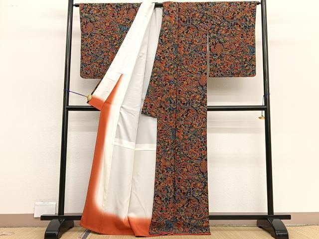 平和屋着物▽上質な小紋 鳳凰更紗花文 鬼しぼ縮緬 正絹 逸品 未使用