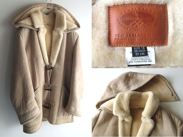 ほぼデッド 良好 ビンテージ LEATHER カンタベリー レザー 羊革 ムートン ダッフルコート 36 ニュージーランド製