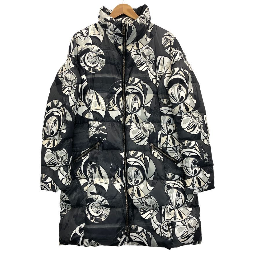EMILIO PUCCI エミリオプッチ ダウンジャケット 総柄 42 コート 良品☆Emilio Pucci エミリオプッチ フード付 ロゴZIP レザー使い