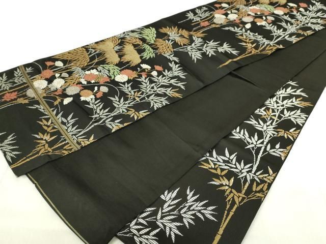 平和屋着物◎六通柄袋帯 笹竹花文 黒地 金銀糸 正絹 逸品 DABA5957qp