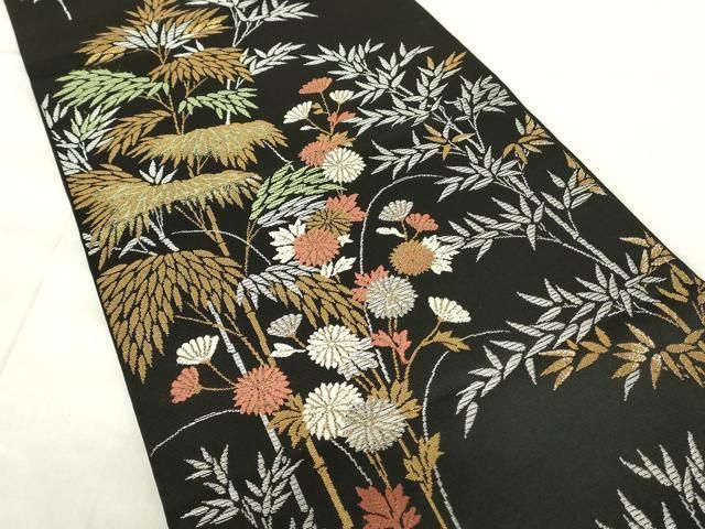 平和屋着物◎六通柄袋帯 笹竹花文 黒地 金銀糸 正絹 逸品 DABA5957qp