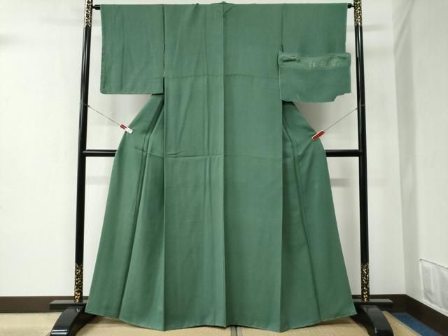 平和屋着物○上質な色無地 宇治本茶染 彩遊染 花緑青色 反端付き 正絹