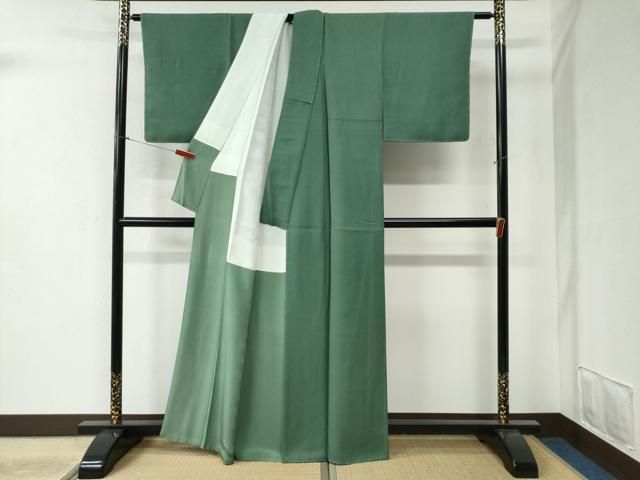 平和屋着物○上質な色無地 宇治本茶染 彩遊染 花緑青色 反端付き 正絹