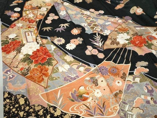  平和屋着物●豪華振袖 駒刺繍 扇面御所車鴛鴦牡丹花文 黒地 金彩 正絹 yc 振袖 着物