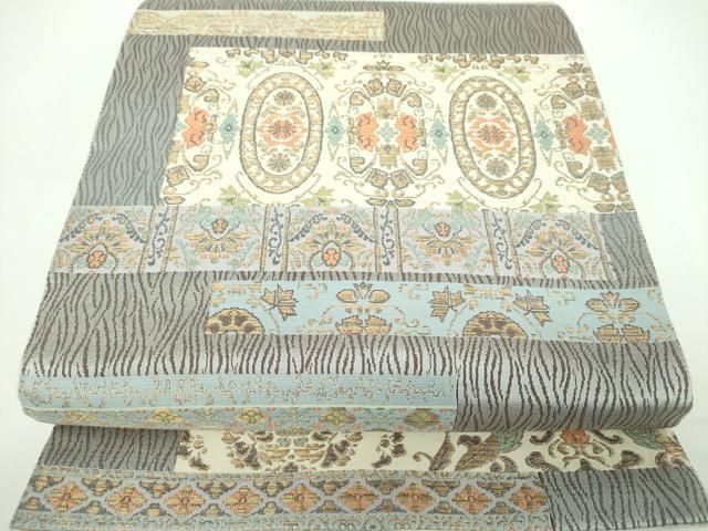 平和屋着物▽両方向 両面全通柄袋帯 スリーシーズン 春夏秋 モール 名物裂横段紋 菱重唐草紋 金銀糸 正絹 ♥ ps