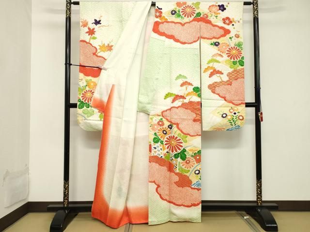 平和屋着物●豪華振袖　総絞り　渡り橋草花文　正絹　逸品　CAAZ8314vf 平和屋着物□豪華振袖 絞り 草花文 暈し染め 金彩 正絹 逸品