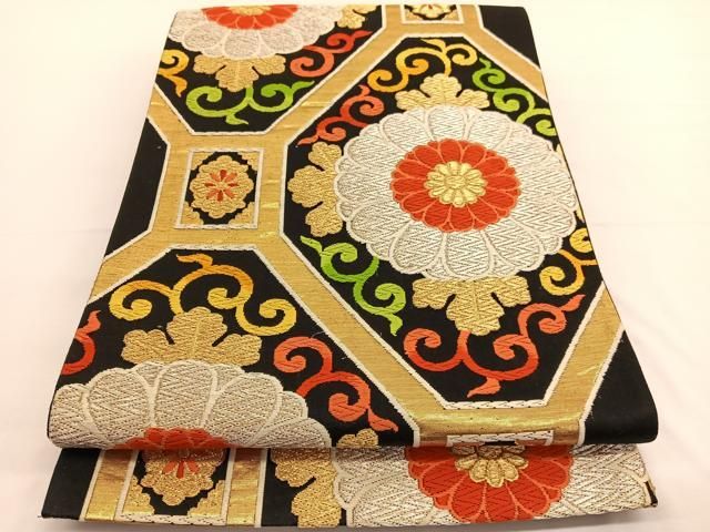 平和屋着物●六通柄袋帯　唐織　切嵌蜀江七宝花文　金糸　引箔　正絹　逸品　DAAV9375ob 平和屋着物◎六通柄袋帯 唐織 蜀江花唐草文 黒地 金銀糸 正絹 逸品