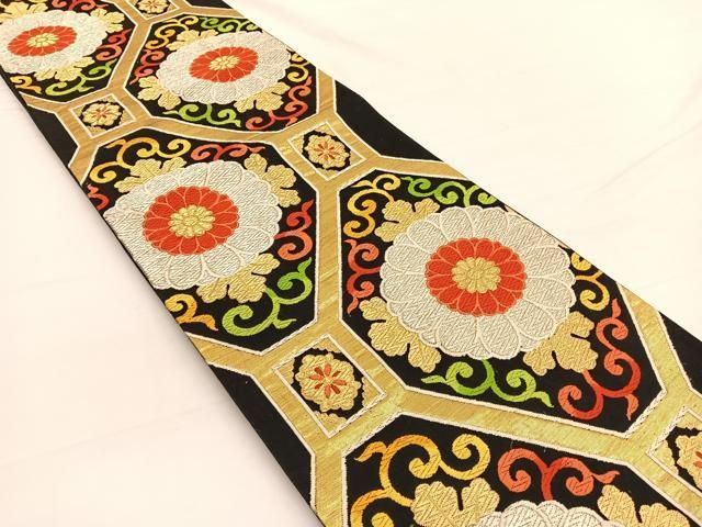 平和屋着物◎六通柄袋帯 唐織 蜀江花唐草文 黒地 金銀糸 正絹 逸品