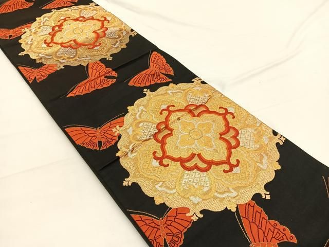 平和屋着物●六通柄袋帯　唐織　華織　七宝舞蝶花文　金糸　正絹　逸品　未使用　DAAY0303ob 平和屋着物◎六通柄袋帯 唐織 宝相華舞蝶文 黒地 金銀糸 正絹 逸品
