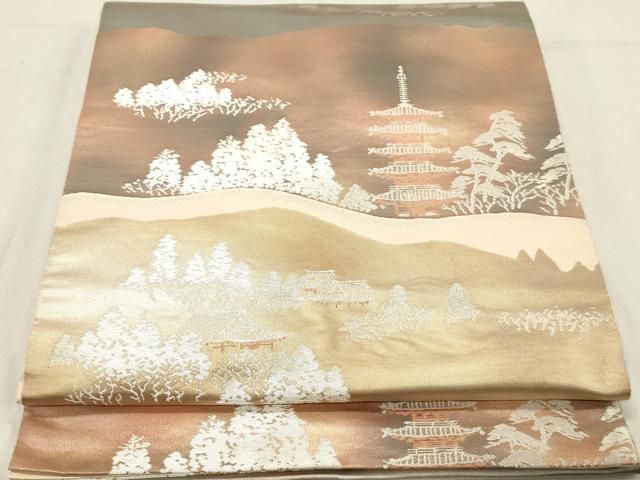 平和屋着物◎西陣 服部織物謹製 六通柄袋帯 こはく錦 風景文 手工芸 金