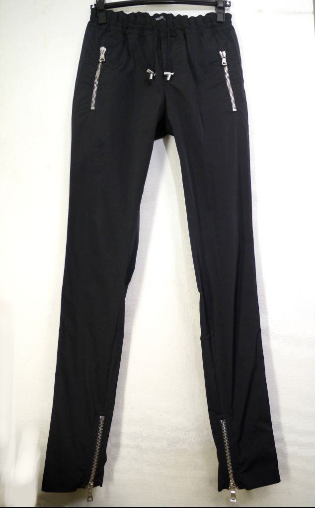 BALMAIN PARIS バルマン 側章 バンド サイドライン イージー バイカー ジョガー スラックス パンツ 48 黒 な側章トラウザー♪