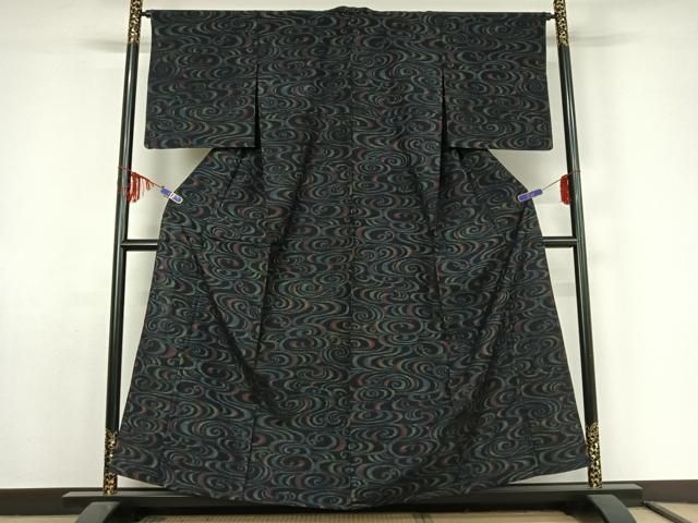 平和屋着物▽上質な紬 単衣 流水文 黒地 正絹 jh