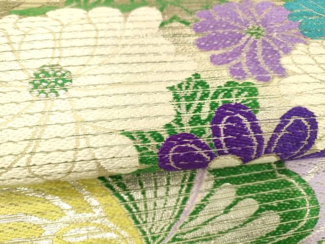  平和屋着物＊夏物 アンティーク 大正ロマン 丸帯 舞蝶扇面花文 銀糸 正絹 cm その他 着物 浴衣