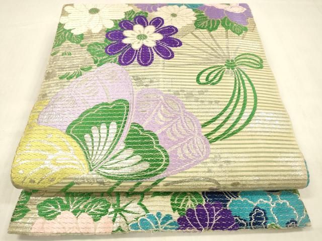 平和屋着物＊夏物 アンティーク 大正ロマン 丸帯 舞蝶扇面花文 銀糸 正絹 cm