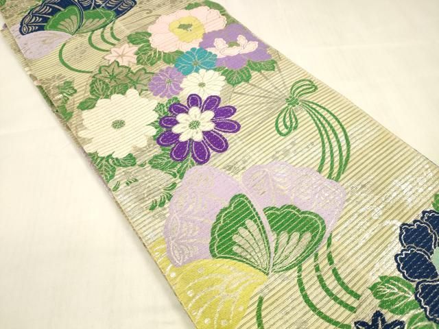 平和屋着物＊夏物 アンティーク 大正ロマン 丸帯 舞蝶扇面花文 銀糸 正絹 cm