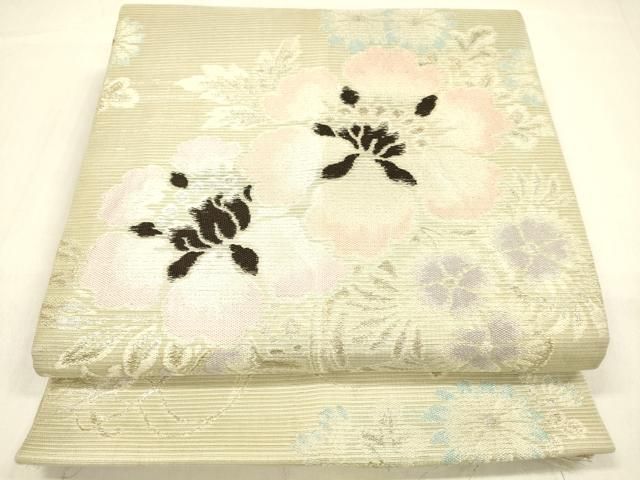 平和屋着物＊夏物 アンティーク 大正ロマン 丸帯 引き抜き帯 唐織 草花文 銀糸 正絹 cm