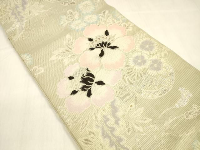 平和屋着物＊夏物 アンティーク 大正ロマン 丸帯 引き抜き帯 唐織 草花文 銀糸 正絹 cm