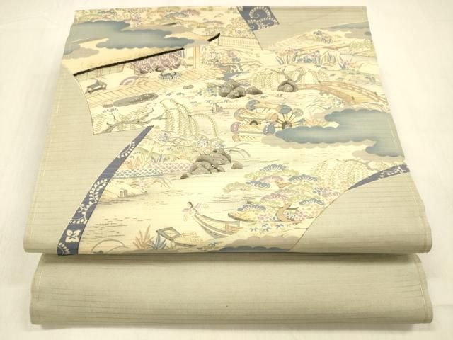平和屋着物＊夏物 アンティーク 大正ロマン 両面 丸帯 風景文 団扇遠山草花文 正絹 cm