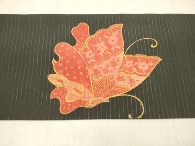  平和屋着物＊夏物 絽塩瀬 つけ帯 花蝶文 黒地 金彩 正絹 cm 付け帯 作り帯 帯