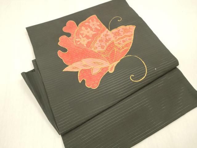 平和屋着物＊夏物 絽塩瀬 つけ帯 花蝶文 黒地 金彩 正絹 cm