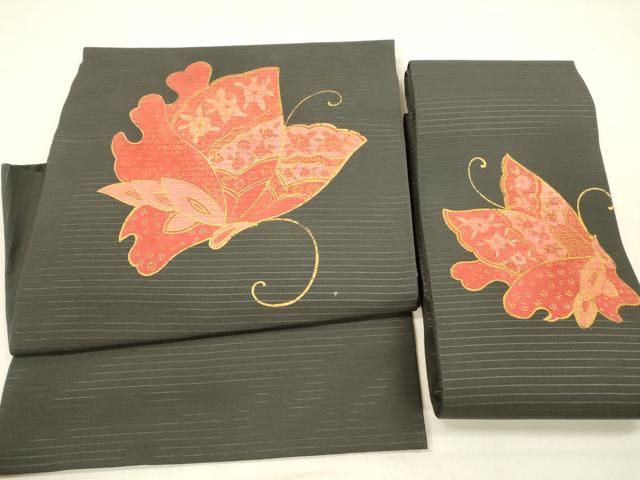 平和屋着物＊夏物 絽塩瀬 つけ帯 花蝶文 黒地 金彩 正絹 cm